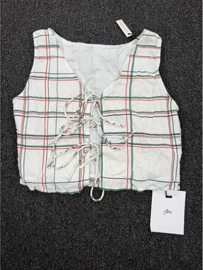NWT Revolve Yllw White Linen Plaid Lace-Up Sleeveless Top Size Small